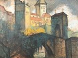 peinture représentant un tableau d'un château avec un pont au premier plan