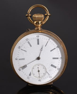 a gold pocket watch with roman numerals on the face