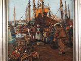 an image of a painting of a group of people on a dock