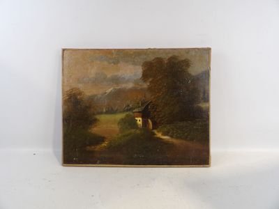 une image d'une peinture représentant une maison dans un champ