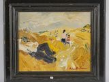 une peinture à l'huile représentant deux personnes dans un champ avec un chien