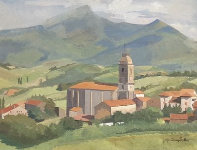 a painting of a small town in the middle of the mountains