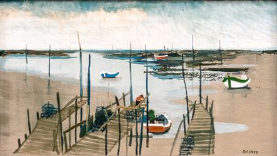 a painting of a man and a woman on a boat on the water