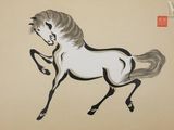 chinese ink painting of a white horse with a long mane