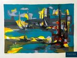 un tableau représentant des voiliers sur l'eau, près du rivage