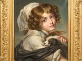 a painting of a young girl holding a cat in her arms