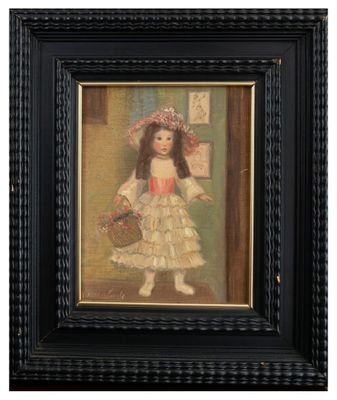 painting of a little girl in a white dress with a basket of flowers