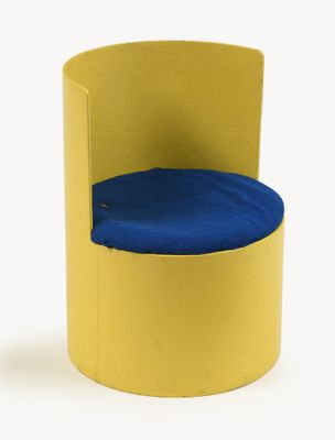 a yellow chair with a blue cushion on top of it