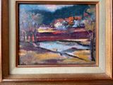 an oil painting of a landscape with a river in the foreground