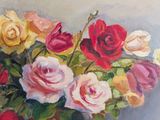 a painting of roses in a vase on a table