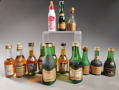 several bottles of alcohol are lined up on a clear shelf