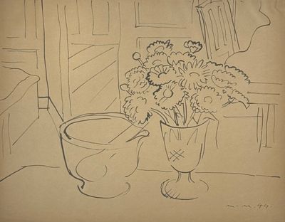a drawing of a vase of flowers on a table