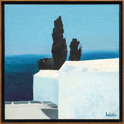 une peinture à l'huile représentant un bâtiment blanc avec l'océan bleu en arrière-plan