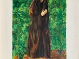 une image représentant une peinture d'une femme debout dans un champ