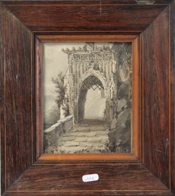 an old picture of a wooden frame with a picture of a building in it