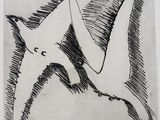 un dessin à l'encre représentant un oiseau volant dans le ciel