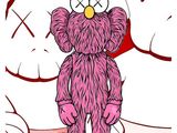 pink teddy bear standing in front of a group of white teddy bears