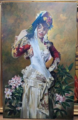 painting of a woman in a white dress holding a fan