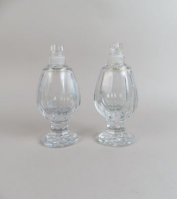 une paire de salières et poivrières en verre transparent posées sur une surface blanche