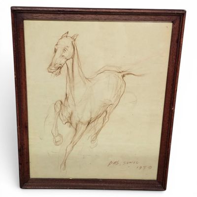 drawing of a running horse in a wooden frame on a white background