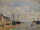 une image d'une peinture représentant une scène de port avec des bateaux dans l'eau