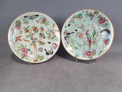 paire d'assiettes chinoises de style « famille » représentant des oiseaux et des fleurs sur fond vert