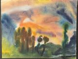 aquarelle représentant un coucher de soleil avec des cactus au premier plan