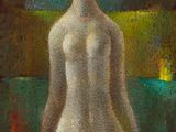 une peinture à l'huile représentant une femme nue assise sur une serviette