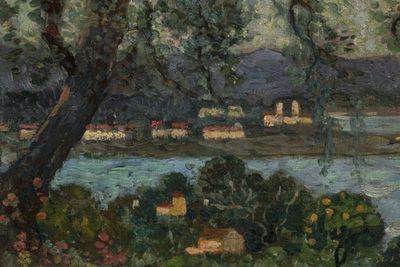 un tableau représentant une vue sur une rivière et un village