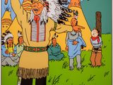 tableau représentant un Amérindien tenant une hache devant un groupe de personnes