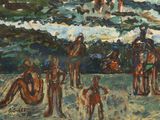 painting of a group of people standing on a beach next to a body of water