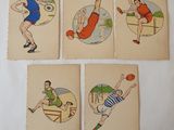 four cards with illustrations of men playing basketball on them on a white surface