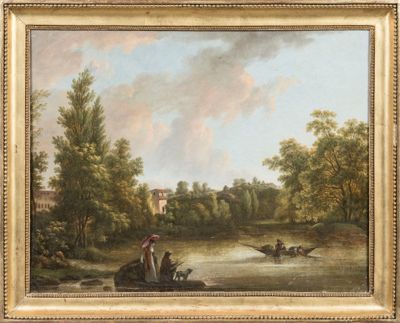 une image représentant un tableau où l'on voit des personnes à bord d'un bateau sur une rivière