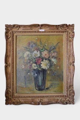 a painting of flowers in a vase on a table