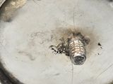 a silver plate with a small metal object on it