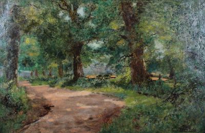 une peinture représentant un chemin de terre bordé d'arbres de chaque côté