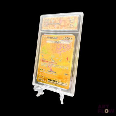 a picture of a pokemon trading card on a stand