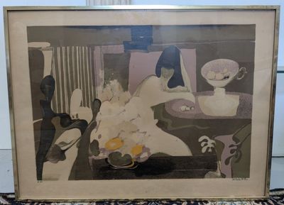 painting of a woman sitting in a chair with a bowl of fruit in front of her