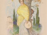 tableau représentant une femme vêtue d'un châle jaune tenant un frisbee