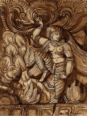 André MAIRE (1898 - 1984), Inde, "Statuaire", Sépia sur papi…