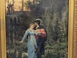 a painting of a man and a woman standing in a garden