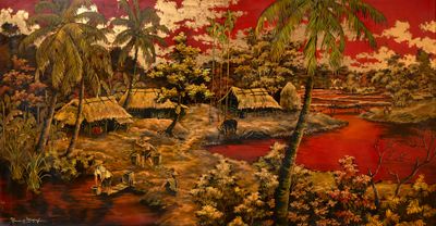 peinture représentant un tableau représentant un paysage tropical avec des palmiers et une rivière
