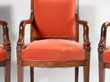 pair of early 20th century mahogany armchairs with orange velvet upholstered seats