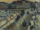 une peinture d'une rue de la ville avec des gens qui marchent dessus