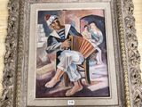tableau représentant un homme jouant de l'accordéon sur une table en bois