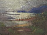 une peinture à l'huile représentant une vue sur l'océan depuis une colline