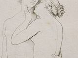 a drawing of two women hugging each other in front of a white background