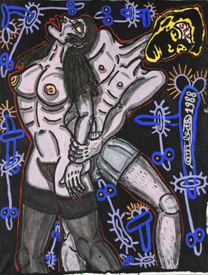 painting of a man and a woman hugging in front of a clock