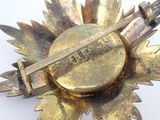 a close up of a gold brooch with a metal pin