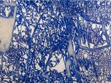 an image of a blue and white painting of trees and bushes